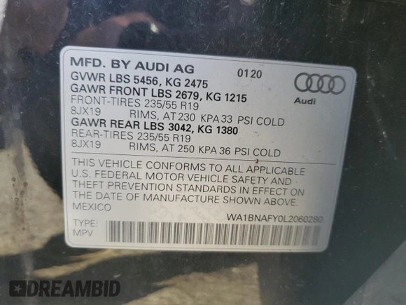 2020 Audi Q5 Premium Plus with VIN WA1BNAFY0L2060280, listed as a Copart auction lot 48486295 with 36,069 mi miles and Salvage Title. Bid and sale history available at carsss.com. Image 16.