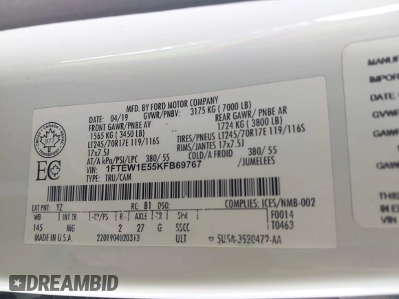 2019 Ford F-150 XL with VIN 1FTEW1E55KFB69767, listed as a IAAI auction lot 42326370 with 143,523 mi miles and . Bid and sale history available at DreamBid. Image 9.