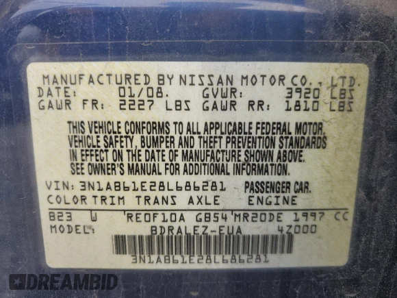 2008 Nissan Sentra S с VIN 3N1AB61E28L686281, выставлен на аукционе Copart как лот 61722665 с пробегом 121 688 миль миль и Чистый • Clean title. История ставок и продаж доступна на DreamBid. Изображение 13.