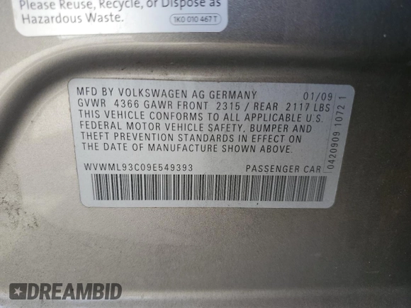 2009 Volkswagen CC with VIN WVWML93C09E549393, listed as a Copart auction lot 65446594 with Not Provided miles and Clean Title. Bid and sale history available at DreamBid. Image 12.
