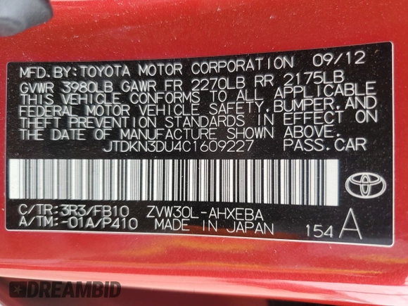 2012 Toyota Prius One with VIN JTDKN3DU4C1609227, listed as a Copart auction lot 53570365 with 162,626 mi miles and Salvage Title. Bid and sale history available at DreamBid. Image 12.