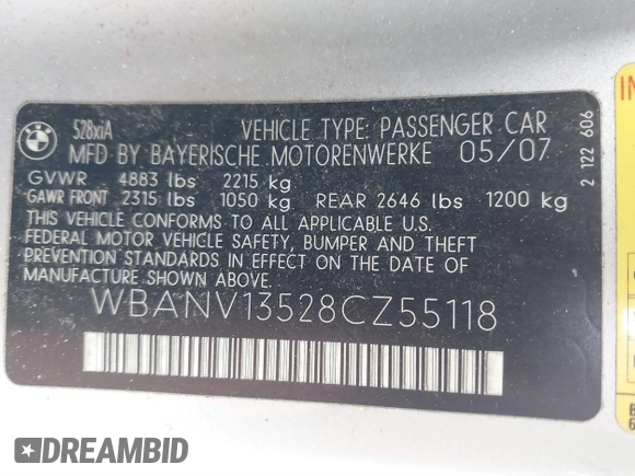 2008 BMW 5 Series 528xi with VIN WBANV13528CZ55118, listed as a IAAI auction lot 40942534 with 128,290 mi miles and . Bid and sale history available at DreamBid. Image 9.