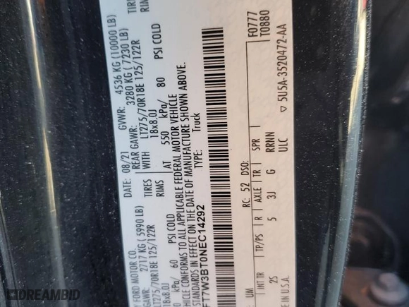 2022 Ford Super Duty F-350 SRW XL with VIN 1FT7W3BT0NEC14292, listed as a Copart auction lot 79079673 with 0 mi miles and Salvage Title. Bid and sale history available at carsss.com. Image 13.