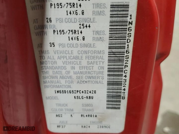 1993 Nissan Trucks 2WD with VIN 1N6SD16S2PC432428, listed as a Copart auction lot 45089235 with 126,838 mi miles and Salvage Title. Bid and sale history available at carsss.com. Image 12.