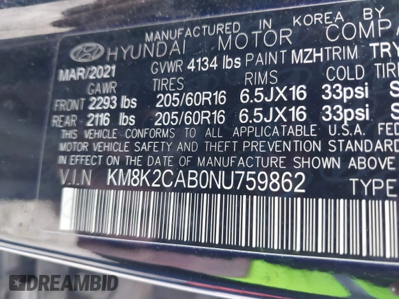 2022 Hyundai Kona SE with VIN KM8K2CAB0NU759862, listed as a IAAI auction lot 41506479 with 146,006 mi miles. Bid and sale history available at carsss.com. Image 9.