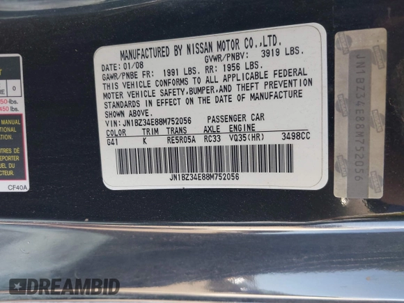2008 Nissan 350Z Grand Touring with VIN JN1BZ34E88M752056, listed as a IAAI auction lot 42088374 with Not Provided miles. Bid and sale history available at carsss.com. Image 9.