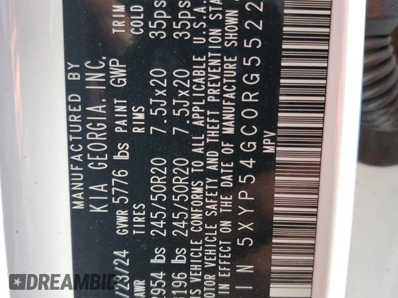2024 Kia Telluride SX with VIN 5XYP54GC0RG552256, listed as a Copart auction lot 81033874 with Not provided miles and Salvage title. Bid and sale history available at DreamBid. Image 14.