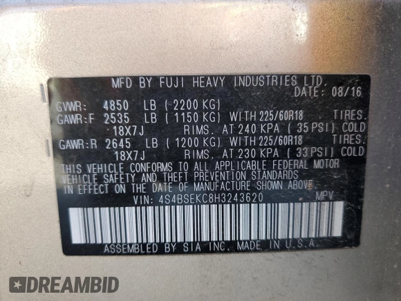 2017 Subaru Outback Limited with VIN 4S4BSEKC8H3243620, listed as a Copart auction lot 63120045 with 75,563 mi miles and Clean title. Bid and sale history available at DreamBid. Image 13.