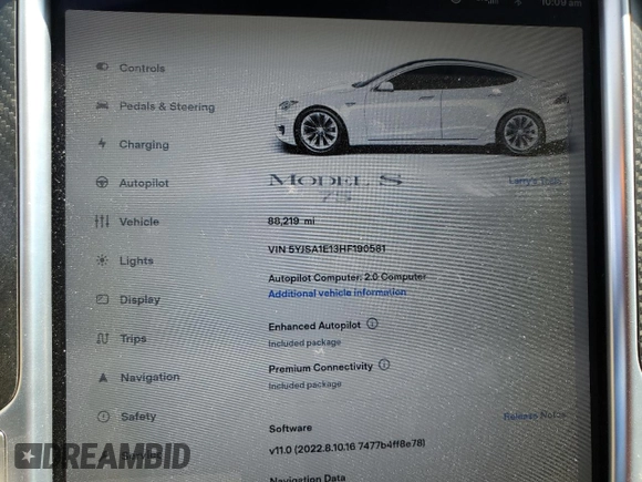 2017 Tesla Model S 60 with VIN 5YJSA1E13HF190581, listed as a Copart auction lot 57383595 with 88,219 mi miles and Salvage title. Bid and sale history available at DreamBid. Image 9.
