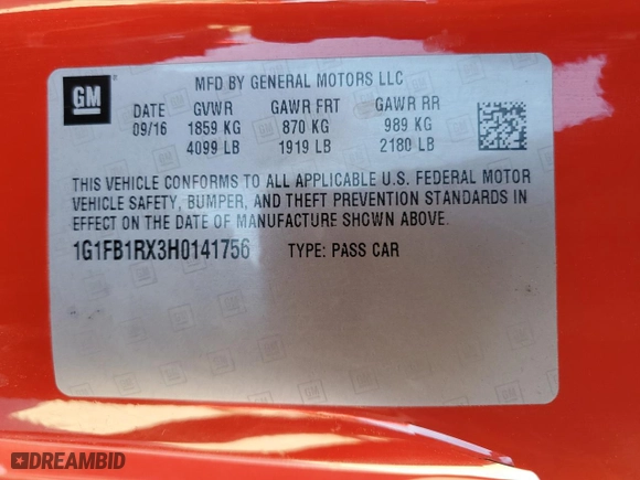 2017 Chevrolet Camaro 1LT with VIN 1G1FB1RX3H0141756, listed as a Copart auction lot 44262865 with 108,155 mi miles and Salvage Title. Bid and sale history available at carsss.com. Image 12.