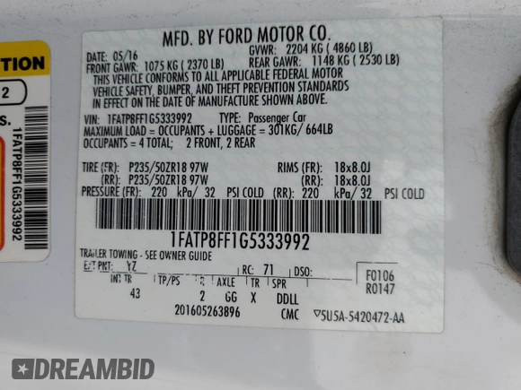 2016 Ford Mustang GT Premium with VIN 1FATP8FF1G5333992, listed as a Copart auction lot 47896715 with 89,661 mi miles and Salvage title. Bid and sale history available at DreamBid. Image 12.