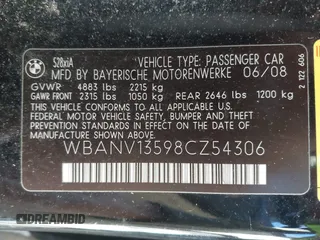 2008 BMW 5 Series 528xi with VIN WBANV13598CZ54306, listed as a IAAI auction lot 41779114 with 118,200 mi miles. Bid and sale history available at carsss.com. Image 9.