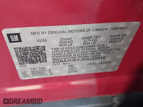 2019 Chevrolet Equinox LT with VIN 2GNAXUEV2K6222519, listed as a IAAI auction lot 41744294 with 62,576 mi miles and . Bid and sale history available at carsss.com. Image 9.