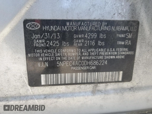 2013 Hyundai Sonata Limited with VIN 5NPEC4AC0DH686224, listed as a Copart auction lot 54276065 with 88,460 mi miles and Salvage Title. Bid and sale history available at DreamBid. Image 13.