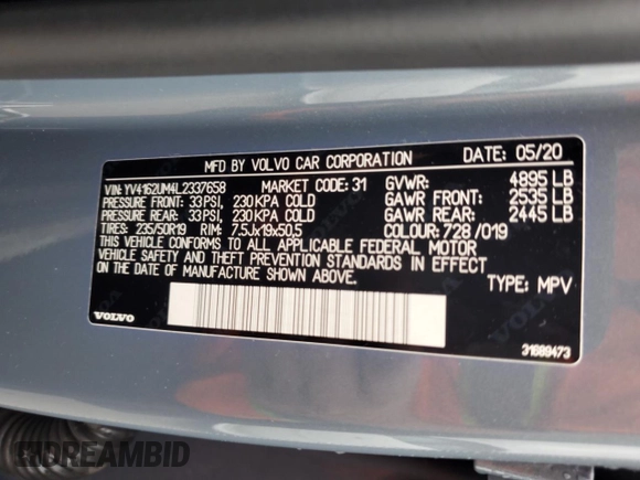 2020 Volvo XC40 R-Design with VIN YV4162UM4L2337658, listed as a Copart auction lot 61304505 with 105,673 mi miles and Salvage title. Bid and sale history available at DreamBid. Image 13.