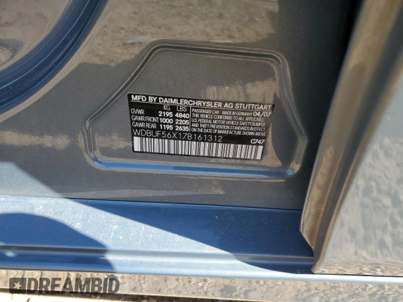 2007 Mercedes-Benz E-Class 3.5L with VIN WDBUF56X17B161312, listed as a Copart auction lot 49688565 with 100,844 mi miles and Non Repairable. Bid and sale history available at carsss.com. Image 12.