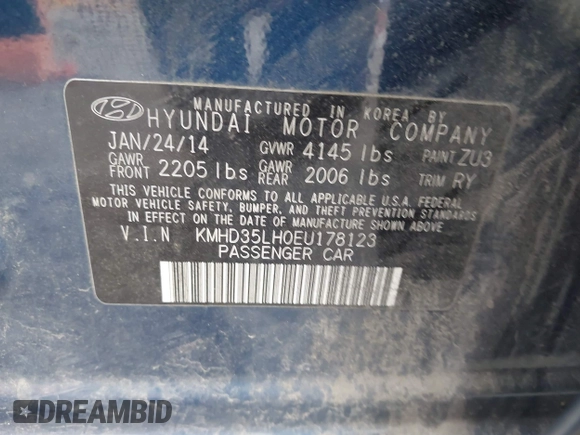 2014 Hyundai Elantra with VIN KMHD35LH0EU178123, listed as a IAAI auction lot 42179996 with 138,391 mi miles and . Bid and sale history available at DreamBid. Image 9.