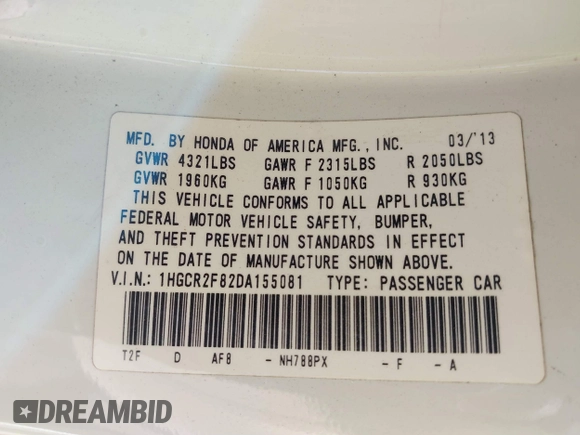 2013 Honda Accord EX-L with VIN 1HGCR2F82DA155081, listed as a IAAI auction lot 41233014 with 192,450 mi miles and . Bid and sale history available at DreamBid. Image 9.