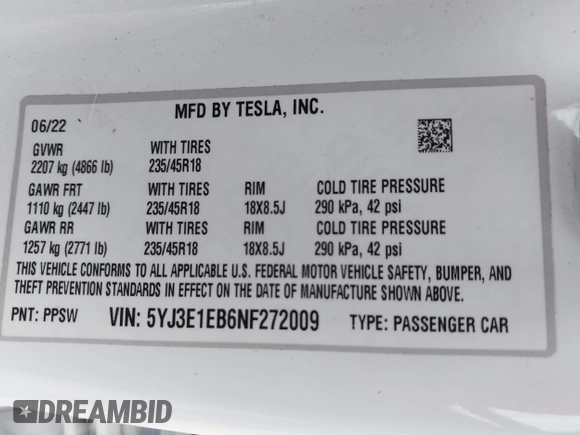 2022 Tesla Model 3 Long Range with VIN 5YJ3E1EB6NF272009, listed as a IAAI auction lot 41984154 with 12,651 mi miles and . Bid and sale history available at DreamBid. Image 9.