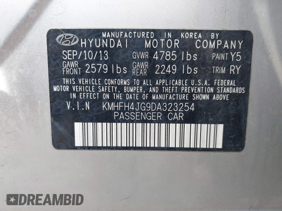 2013 Hyundai Azera with VIN KMHFH4JG9DA323254, listed as a IAAI auction lot 41776183 with 73,489 mi miles and . Bid and sale history available at DreamBid. Image 9.