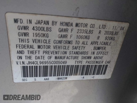 2005 Acura TSX with VIN JH4CL96955C005049, listed as a IAAI auction lot 40809563 with 140,000 mi miles and . Bid and sale history available at DreamBid. Image 9.