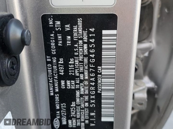 2015 Kia Optima SXL Turbo with VIN 5XXGR4A67FG465414, listed as a Copart auction lot 42969915 with 76,253 mi miles and Non Repairable. Bid and sale history available at DreamBid. Image 13.