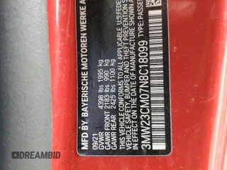 2022 BMW 2 Series 230i with VIN 3MW23CM07N8C18099, listed as a Copart auction lot 72835454 with 38,749 mi miles and Salvage Title. Bid and sale history available at carsss.com. Image 14.
