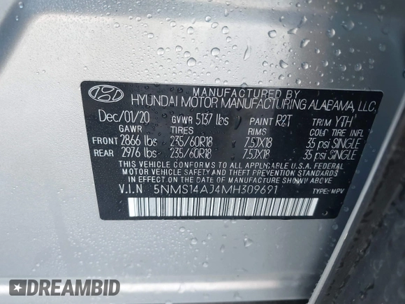2021 Hyundai Santa Fe SE with VIN 5NMS14AJ4MH309691, listed as a IAAI auction lot 41897874 with 38,799 mi miles. Bid and sale history available at carsss.com. Image 9.