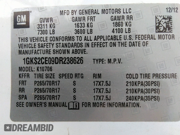 2013 GMC Yukon SLT with VIN 1GKS2CE09DR238626, listed as a IAAI auction lot 41758168 with 170,371 mi miles. Bid and sale history available at carsss.com. Image 9.