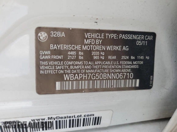 2011 BMW 3 Series 328i with VIN WBAPH7G50BNN06710, listed as a Copart auction lot 53299925 with 157,535 mi miles and Salvage Title. Bid and sale history available at carsss.com. Image 12.