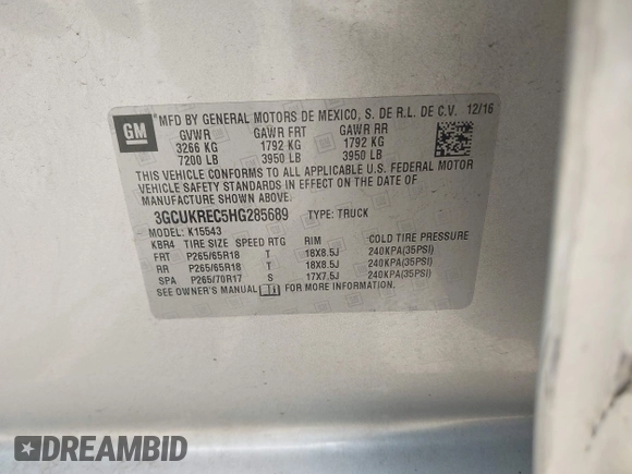 2017 Chevrolet Silverado 1500 LT with VIN 3GCUKREC5HG285689, listed as a IAAI auction lot 42055959 with 128,237 mi miles and . Bid and sale history available at DreamBid. Image 9.