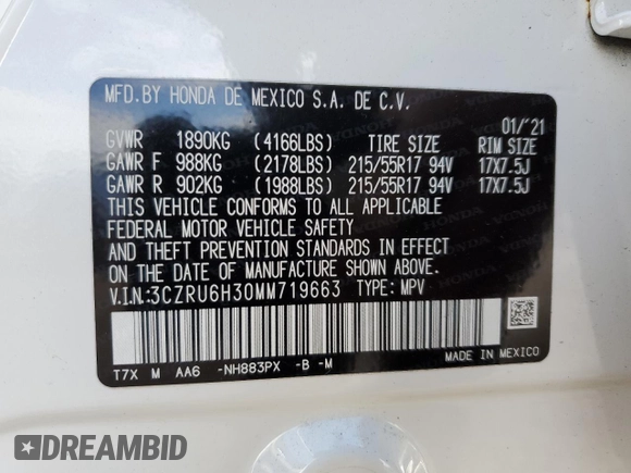 2021 Honda HR-V LX with VIN 3CZRU6H30MM719663, listed as a Copart auction lot 49524795 with 34,706 mi miles and Salvage Title. Bid and sale history available at DreamBid. Image 15.