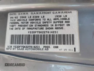 2002 Saab 9-3 z VIN YS3DF75K227014231, wystawiony jako IAAI lot #42305591 z przebiegiem 145 813 mil mil oraz . Historia ofert i sprzedaży dostępna na DreamBid. Obrazek 9.