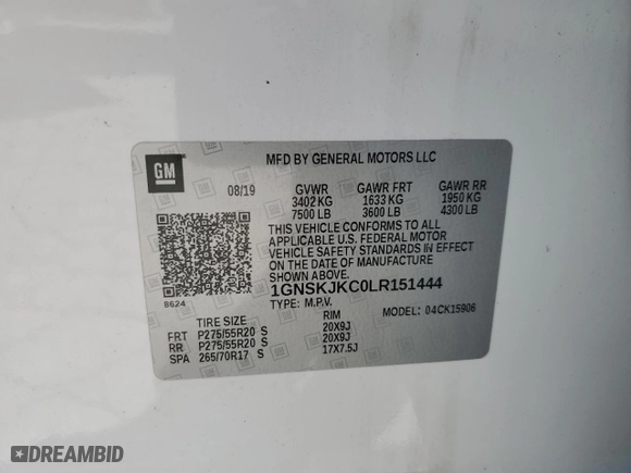 2020 Chevrolet Suburban Premier with VIN 1GNSKJKC0LR151444, listed as a Copart auction lot 52521975 with 90,517 mi miles and Salvage Title. Bid and sale history available at carsss.com. Image 15.