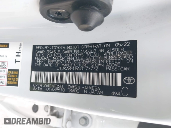 2022 Toyota Prius L Eco z VIN JTDKAMFU6N3177732, wystawiony jako IAAI lot #42504790 z przebiegiem 65 338 mil mil oraz . Historia ofert i sprzedaży dostępna na DreamBid. Obrazek 9.