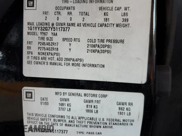 2000 Chevrolet Corvette with VIN 1G1YY32G7Y5117377, listed as a Copart auction lot 80533114 with 151,115 mi miles and Clean Title. Bid and sale history available at carsss.com. Image 12.