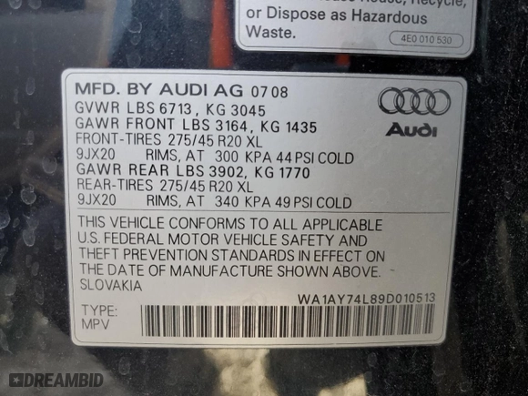 2009 Audi Q7 with VIN WA1AY74L89D010513, listed as a Copart auction lot 42303495 with 154,893 mi miles and Salvage Title. Bid and sale history available at carsss.com. Image 13.