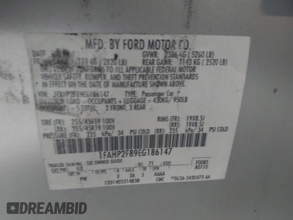 2014 Ford Taurus Limited с VIN 1FAHP2F89EG186147, выставлен на аукционе IAAI как лот 42228000 с пробегом 179 863 миль миль и . История ставок и продаж доступна на DreamBid. Изображение 9.