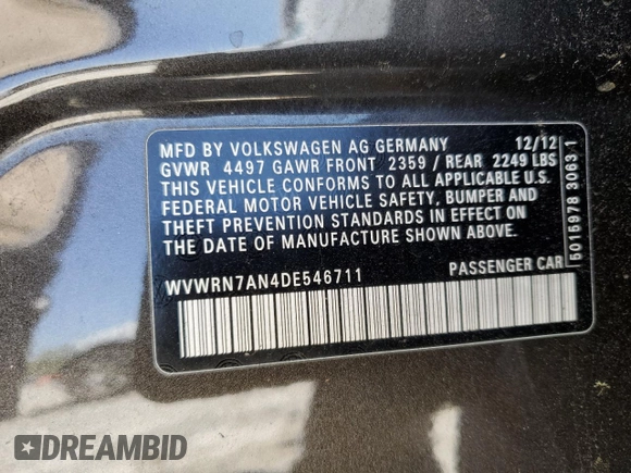 2013 Volkswagen CC Lux with VIN WVWRN7AN4DE546711, listed as a Copart auction lot 52673205 with 106,700 mi miles and Salvage Title. Bid and sale history available at DreamBid. Image 14.