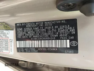 2006 Toyota Camry STD with VIN 4T1BE32K36U664249, listed as a IAAI auction lot 42496476 with 196,534 mi miles and . Bid and sale history available at DreamBid. Image 9.