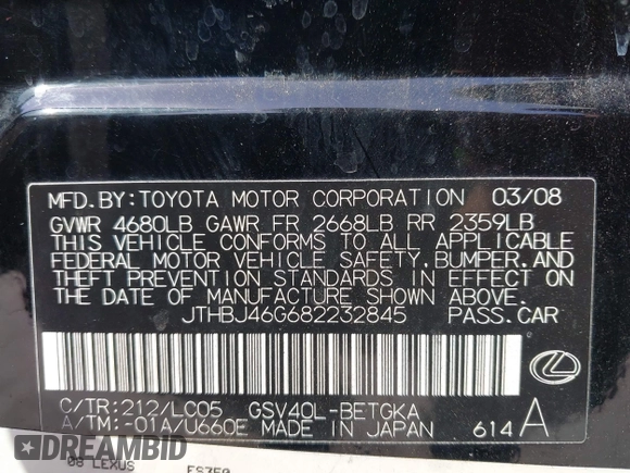 2008 Lexus ES 330 z VIN JTHBJ46G682232845, wystawiony jako IAAI lot #42430862 z przebiegiem 211 364 mil mil oraz . Historia ofert i sprzedaży dostępna na DreamBid. Obrazek 9.