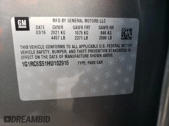 2017 Chevrolet Volt LT with VIN 1G1RC6S51HU102916, listed as a Copart auction lot 70585562 with 82,710 mi miles. Bid and sale history available at carsss.com. Image 12.