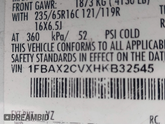 2017 Ford Transit XL with VIN 1FBAX2CVXHKB32545, listed as a IAAI auction lot 41719376 with 116,259 mi miles and . Bid and sale history available at DreamBid. Image 9.