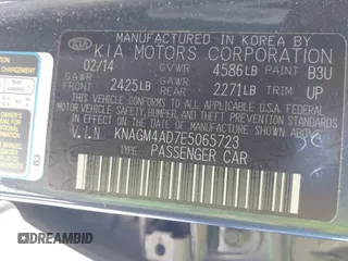 2014 Kia Optima LX with VIN KNAGM4AD7E5065723, listed as a IAAI auction lot 42551879 with 106,206 mi miles and . Bid and sale history available at DreamBid. Image 9.