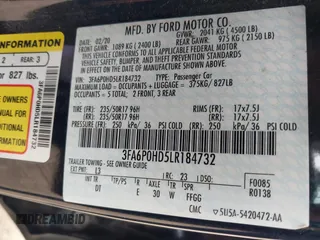 2020 Ford Fusion SE with VIN 3FA6P0HD5LR184732, listed as a IAAI auction lot 41555047 with 98,512 mi miles and . Bid and sale history available at DreamBid. Image 9.
