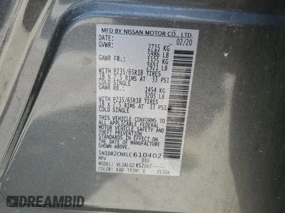2020 Nissan Pathfinder SL with VIN 5N1DR2CNXLC610402, listed as a Copart auction lot 53780975 with 109,693 mi miles and Clean Title. Bid and sale history available at carsss.com. Image 13.