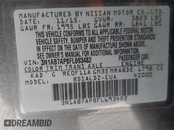 2015 Nissan Sentra SR with VIN 3N1AB7AP8FL693482, listed as a Copart auction lot 54710715 with 108,799 mi miles and Salvage Title. Bid and sale history available at DreamBid. Image 12.