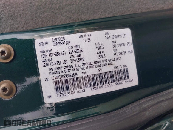 1999 Chrysler Town & Country with VIN 1C4GP54G6XB603564, listed as a IAAI auction lot 41823340 with 104,321 mi miles and . Bid and sale history available at DreamBid. Image 9.