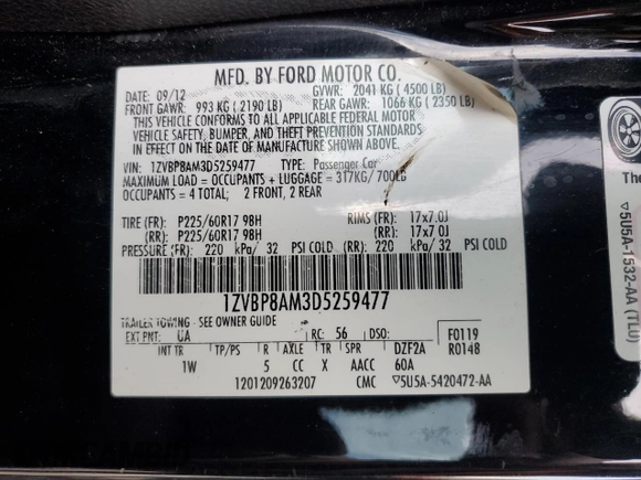 2013 Ford Mustang V6 with VIN 1ZVBP8AM3D5259477, listed as a Copart auction lot 51138405 with 104,667 mi miles and Salvage Title. Bid and sale history available at carsss.com. Image 13.