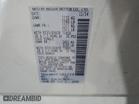 2015 Infiniti QX60 with VIN 5N1AL0MN5FC505729, listed as a Copart auction lot 62725784 with 147,787 mi miles and Salvage Title. Bid and sale history available at DreamBid. Image 13.
